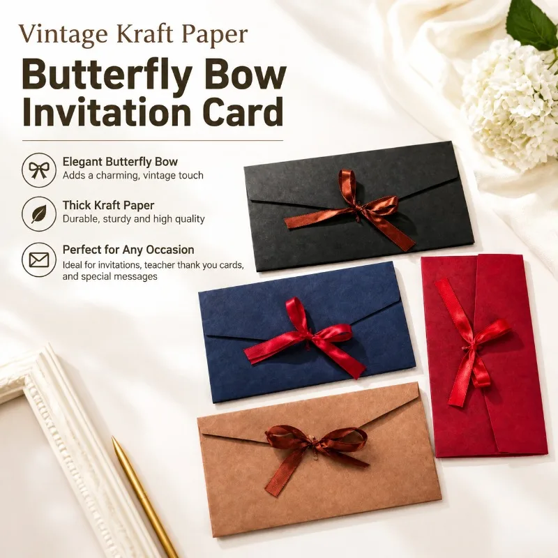 Vintage Kraft Paper Envelope Butterfly Bow Chinese Style Thick Invitation Card Ribbon Decorative Teacher Thank You Card