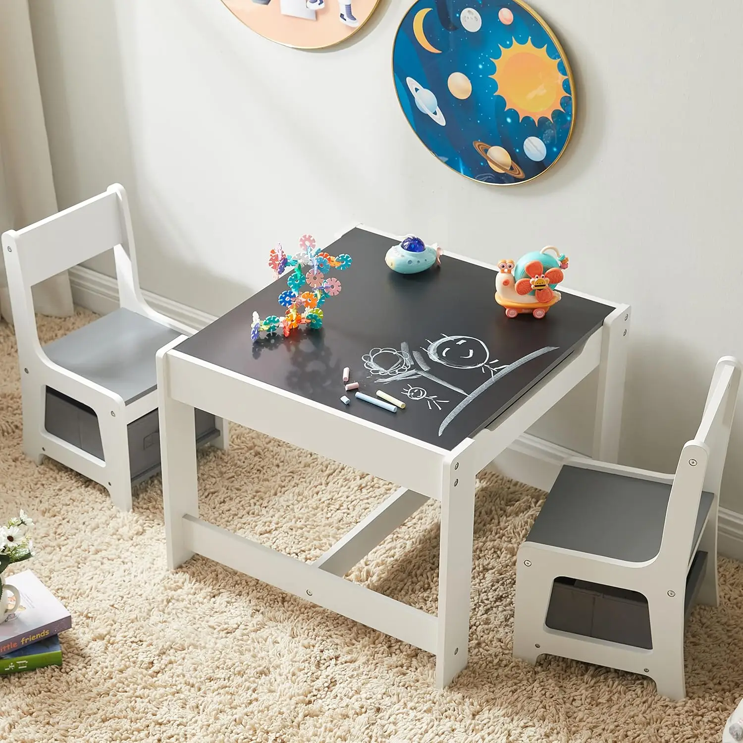 Kids Table and Chair Set, 3 in 1 Wooden Activity Table with Storage Drawer for Toddlers Drawing, Reading, Crafts, Play, 2 in 1 D