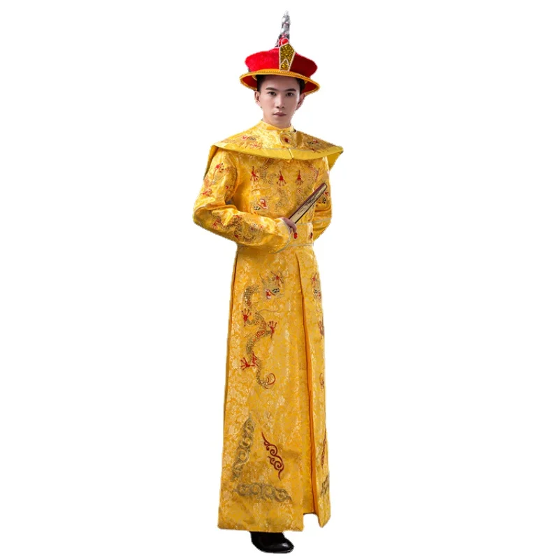 High Quality Men Chinese Empress Costumes with Dragon Cosplay Costume Male Hanfu Ancient Qing Dynasty Emperor with Hat