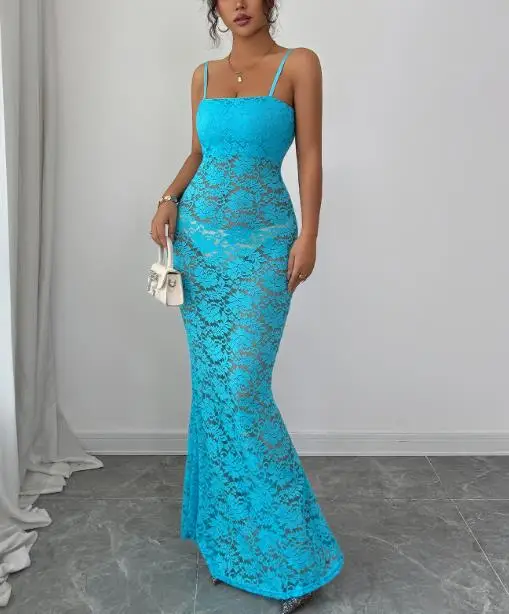 

Summer 2025 Women's Sexy Pure Desire Tight Solid Color Square Collar Lace Perspective Sleeveless Hip Wrapping Strap Dress