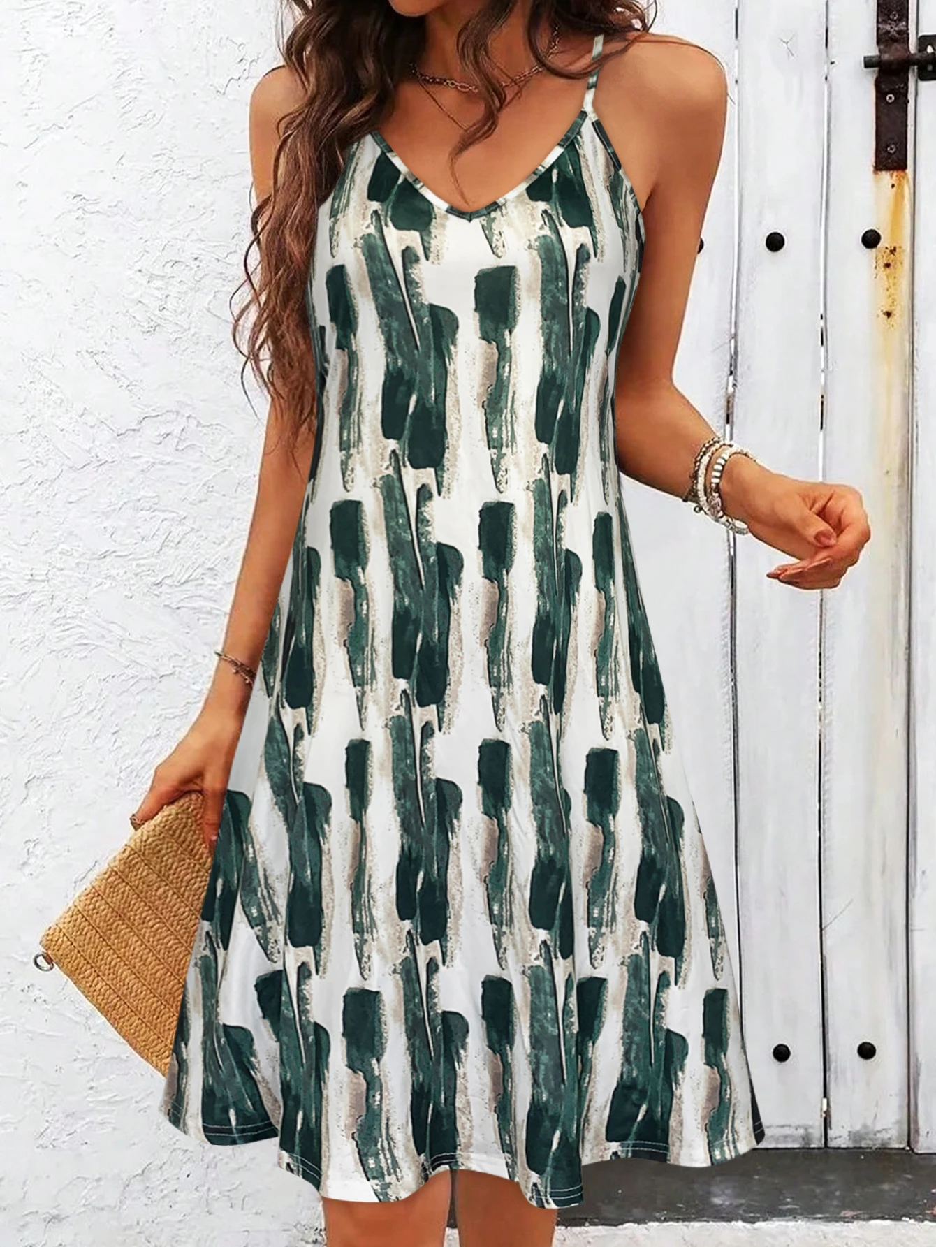 Women's Green Abstract Brushstroke Print Spaghetti Strap Midi Dress, Summer Casual V Neck Flowy A-Line Sundress