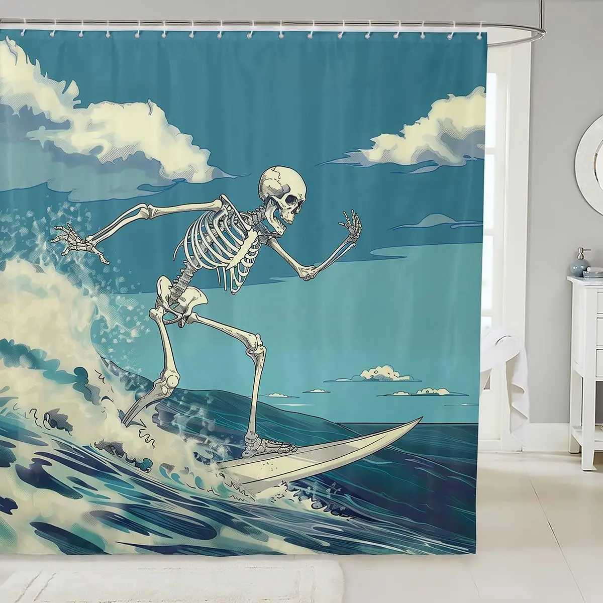 Decorative Skeleton Surfing Shower Curtain for Modern Bathroom Gothic Pool Ocean Coastal Halloween Unique Novelty Curtain