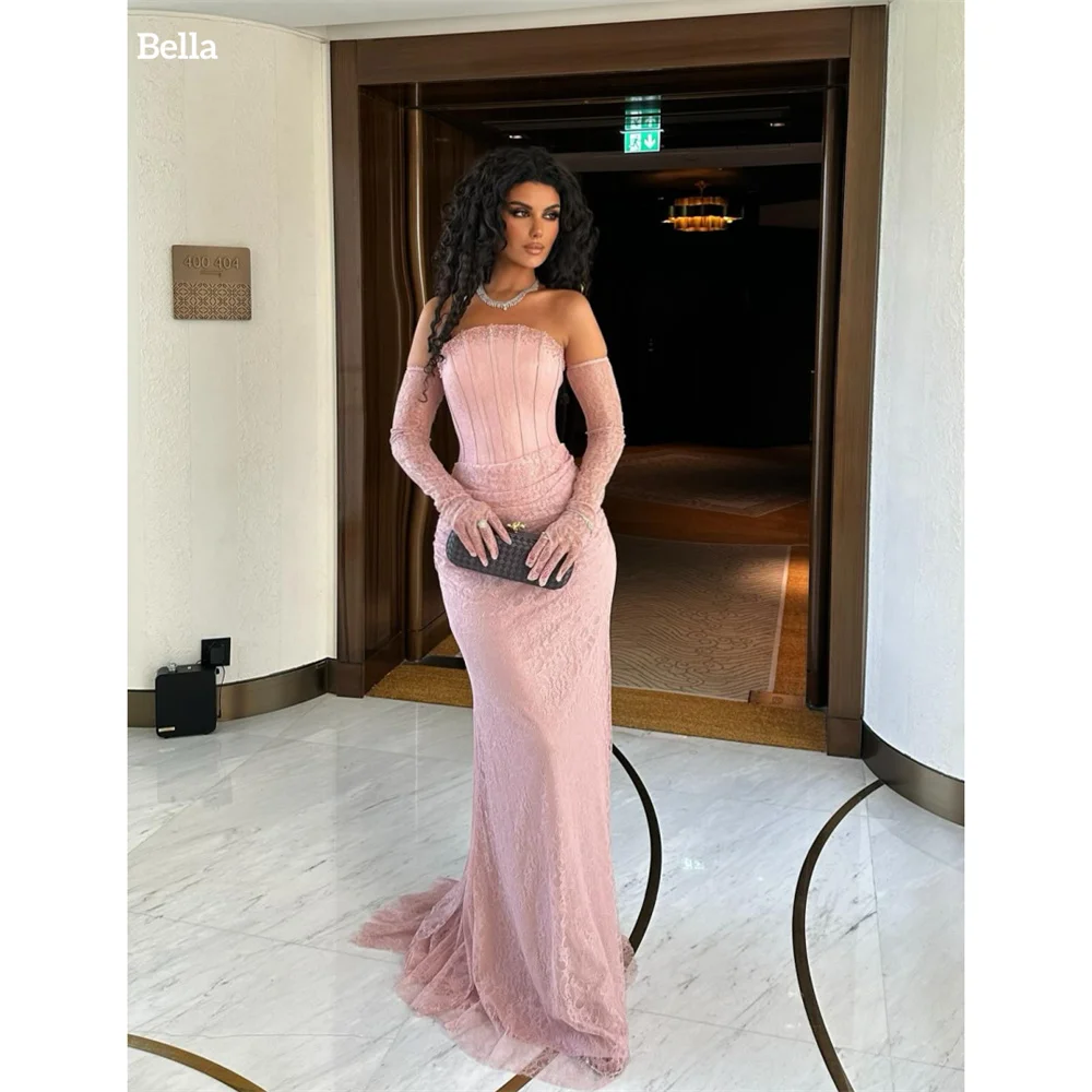 

Bella Индивидуальные розовые платья русалки с открытыми плечами, кружевные сексуальные вечерние платья с длинными рукавами, платье для выпускного вечера длиной до пола, 2025 г.