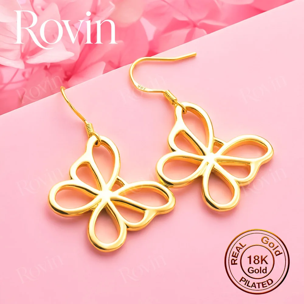 18K Gold Exquisite Openwork Butterfly Earrings – Minimalist, Stylish Jewelry for Women's Weddings and Parties