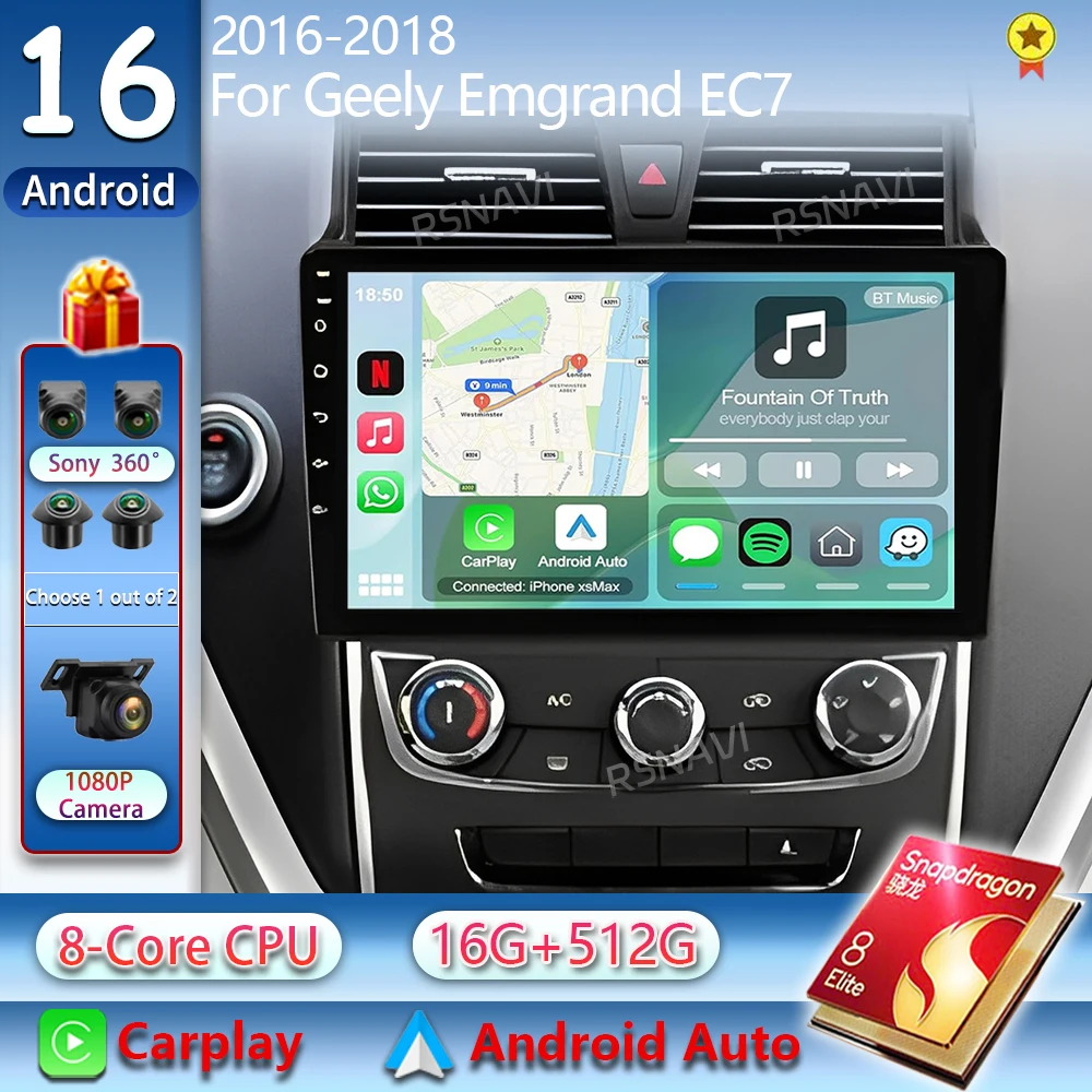 Android 16 Carplay Auto Car Radio For Geely Emgrand EC7 2016 2017 2018 Multimedia Video Player Navigation GPS Stereo DSP 2din 4G
