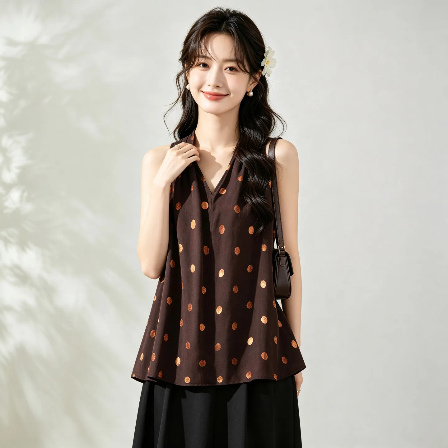 Winsleter-100%Real Silk Double Crepe Elegant Vest, V Neck Dot, Women Modern Vacation Korean Loose Vest, 2026 Autumn New T68762CC