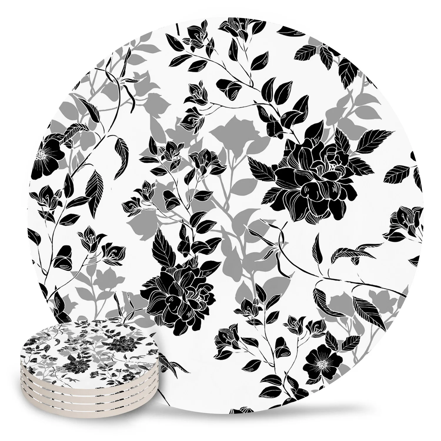 Black And White Flowers Coasters Ceramic Set Round Absorbent Drink Coaster Coffee Tea Cup Placemats Table Mat