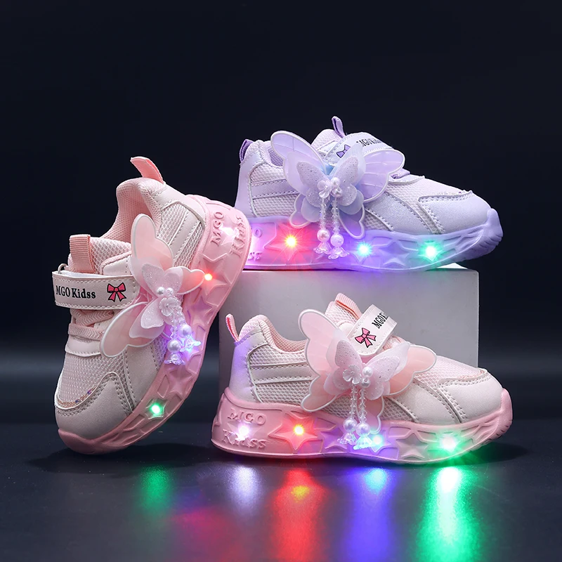 MGO KIDSS Spring and Summer New Girls' and Children's Shoes Light Shoes Flashing Shoes Pink Shoes 1-3-6 Years Old Student Shoes