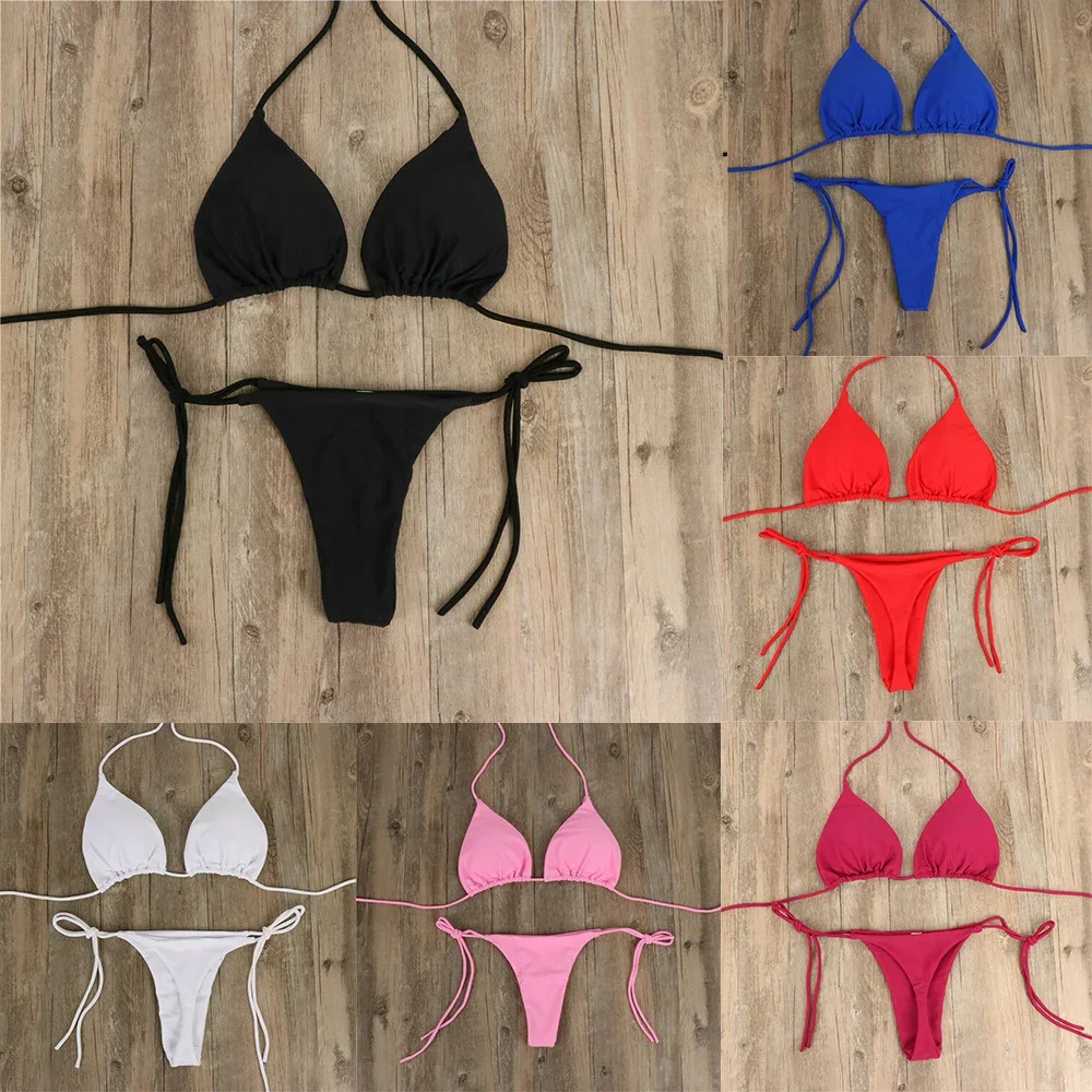 Set Bikini Thong seksi dasi wanita pakaian renang samping gaya perban pakaian renang Brasil Set baju renang wanita polos dapat disesuaikan tali belahan