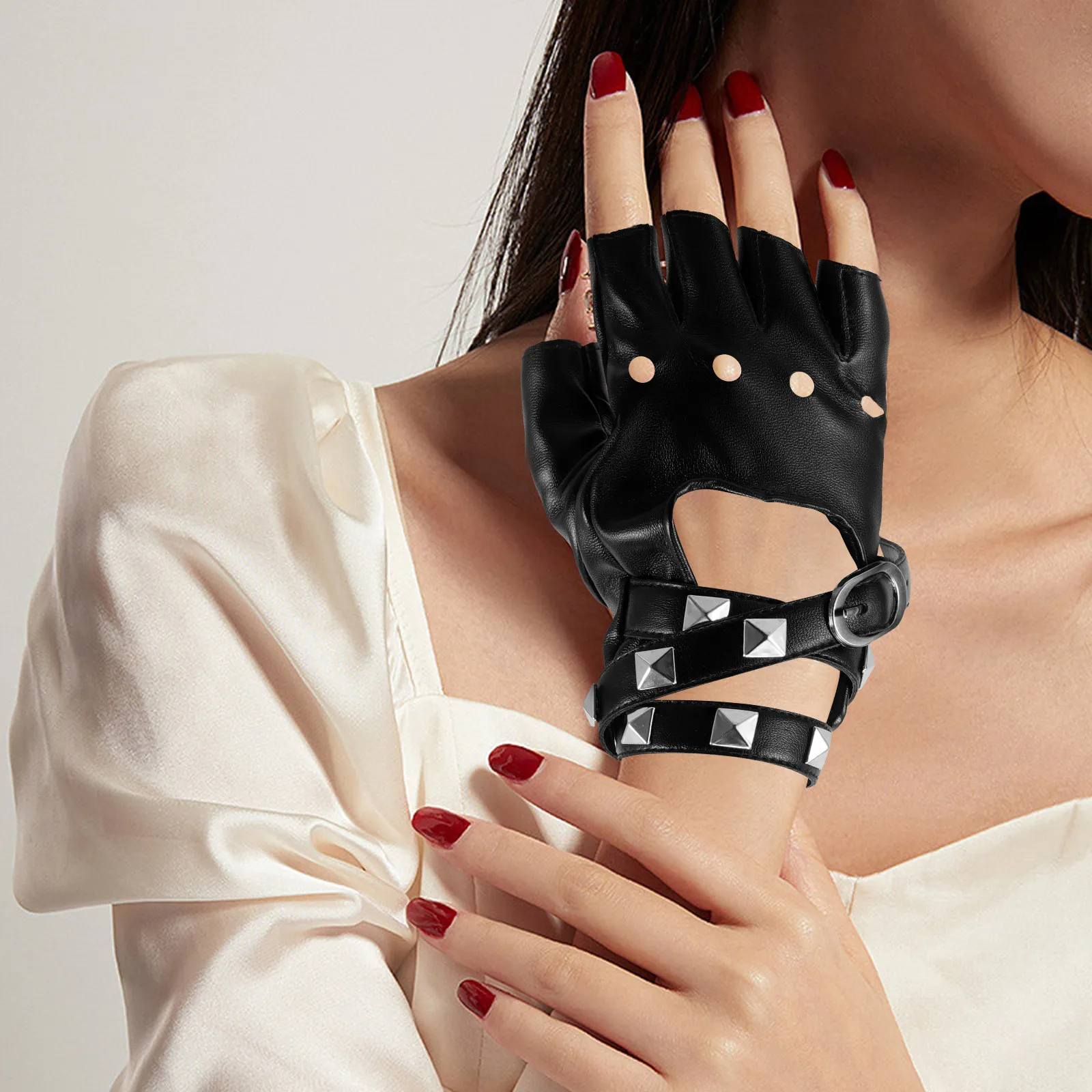 

1Pair Half Gloves Women Black Faux Punk Rivet Chains Performance Party Cosplay Accessories