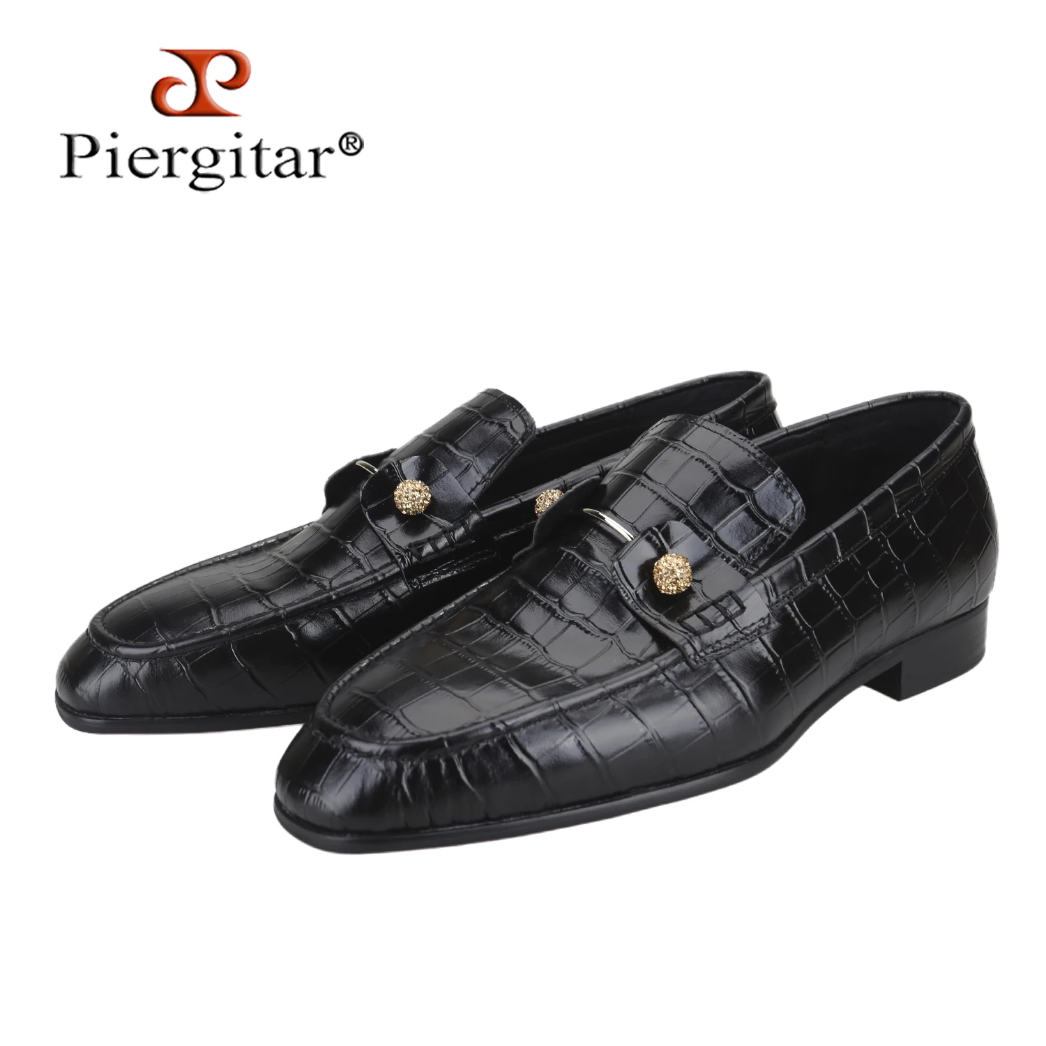 Piergitar Crocodile Patterned Calf Leather Slip-On Loafers Wirh Gold Balls Crystals Buckles Italian Classic Red Sole Men's Shoes