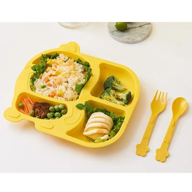 Y4QA Cartoon Duck Bowl Cup Spoon Fork for Baby Kindergarten Divided Dinner Plate