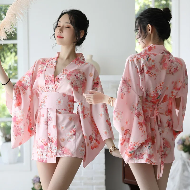 Sakura girl kimono dress Japanese style yukata bathrobe women floral print haori Japan uniform cosplay costume party short gown