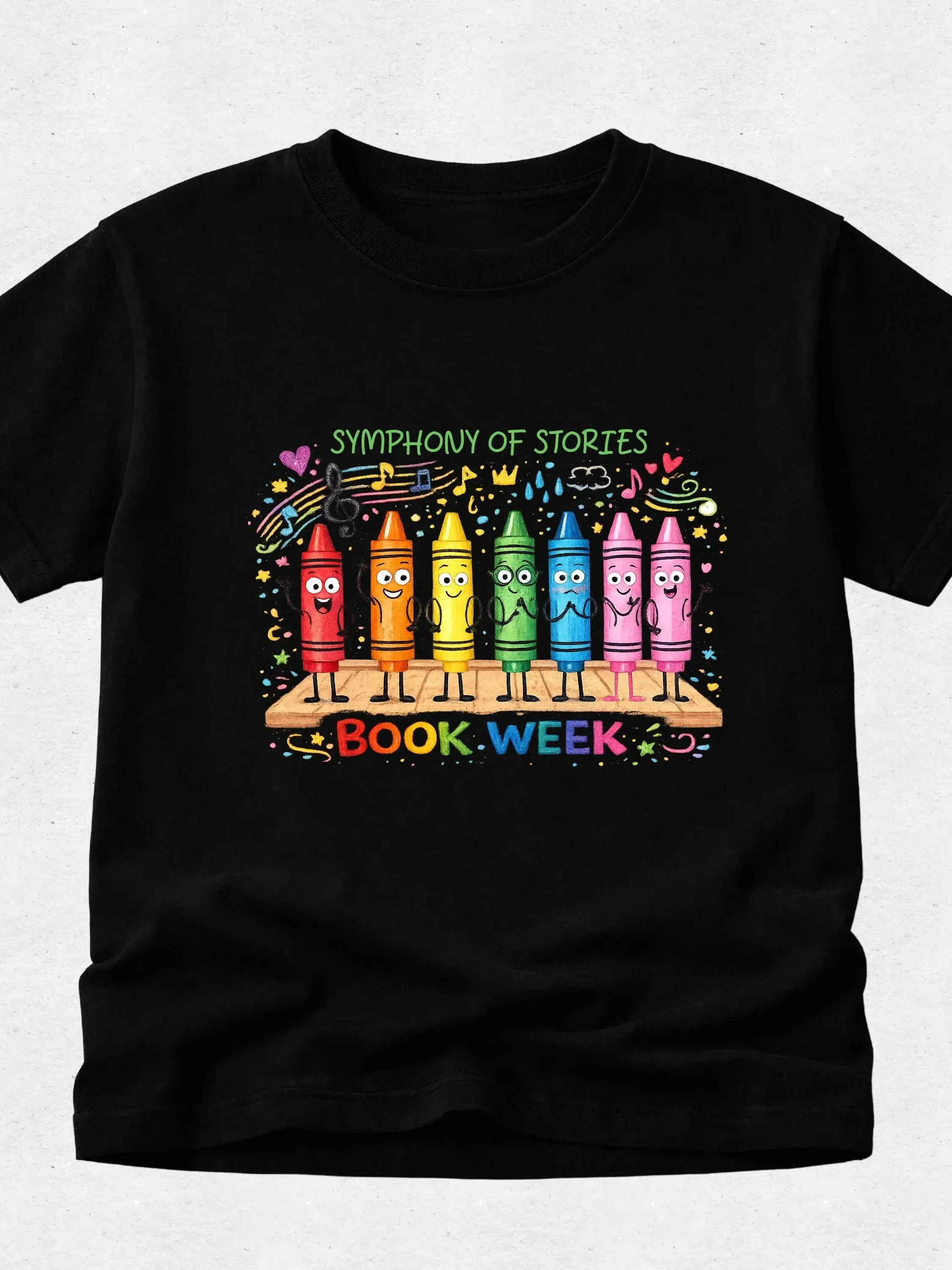 T-shirt de la Semaine du Livre : Symphonie d'histoires 2026, défilé de livres, design crayon. Vêtements scolaires et pour enseignants inclusifs. Bonté. Adultes et enfants