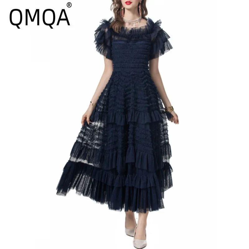 QMQA Fashion Women's Elegant Mesh Dress Square Collar Short Sleeve Ruffle Grand Swing Princess Dress 2024 New Clothing 1A185