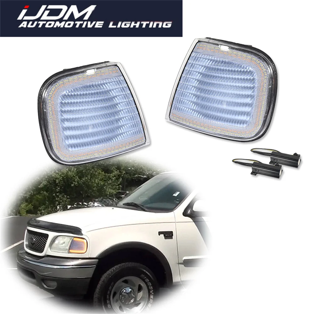 For Ford Expedition F-150 F-250 Dual-color LED Dynamic Amber Front Turn Signal Lights w/ White DRL Parking Lights Driving Lights