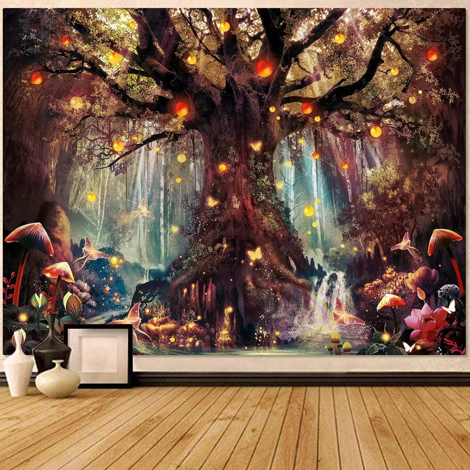 Fantasy Forest Tapestry Warm Fairy Tree of Life Tapestries for Bedroom Nature Wall Hanging Mushroom Butterfly Elves Living Room