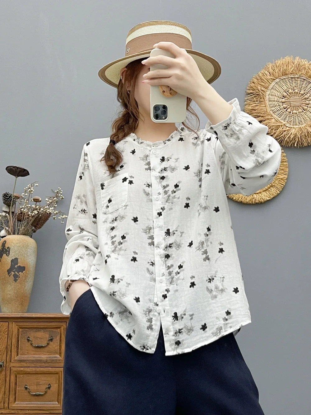 New 2026 Autumn Women Cotton Yarn Long Sleeve Shirt, Ruffled Print, Mori Girl Commute Soft Comfortable Loose Blouse T6O422CC