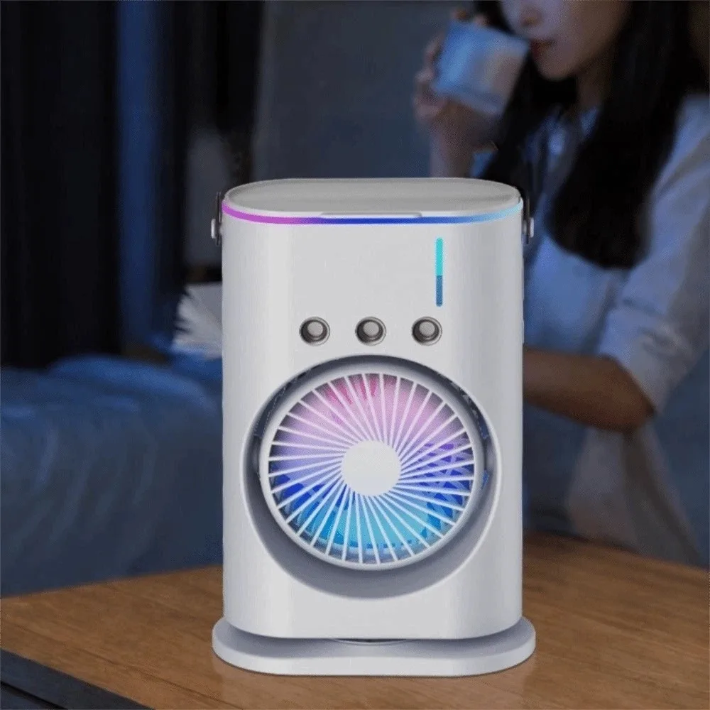 USB-Aufladbarer Luftkühler mit Farbigen Lichtern, Tragbarer Zirkulationsventilator, Wassersprüh-Befeuchtungs-Luftkühler, Ventilator für Büro – Detail 4