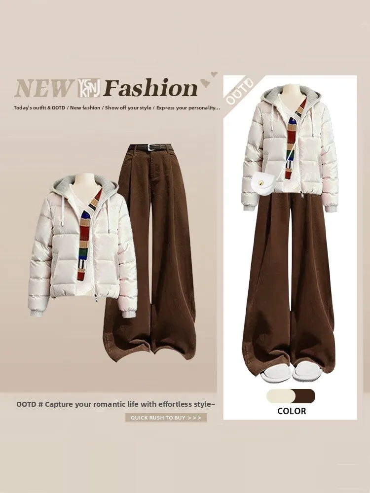 

Faionable Warm Cotton Suit Set Women's Casual Commute Sle Tee-piece Winter High Waist Long Pants High Waist Long Sve