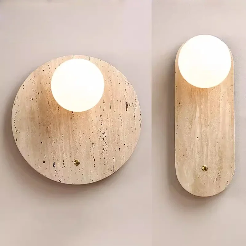 

Vintage Round Shape Natural Stone Art Decoration Wall Lamp Interior Wall Lights Bedroom Decor Led Sconce Cream Home-appliance