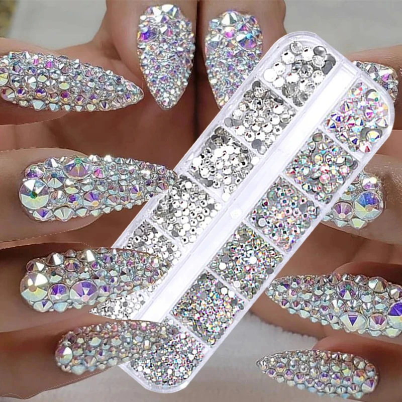 6/12 Grids Box Nail Art Strass Nagelperlen AB Kristall Flatback Perlenschmuck Edelsteine mit Aufbewahrungsorganisator für Nageldekorationen