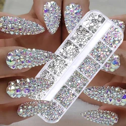 6/12Grids Box Nail Art Rhinestone Nail Beads AB Crystal Flatback Pearl Jewelry Gems with Storage Organizer for Nail Decorations