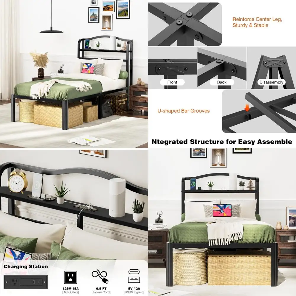 

Sturdy Metal Twin Size Bed Frame with Headboard, Charge Stations, No Box Spring Required, Easy Assembly