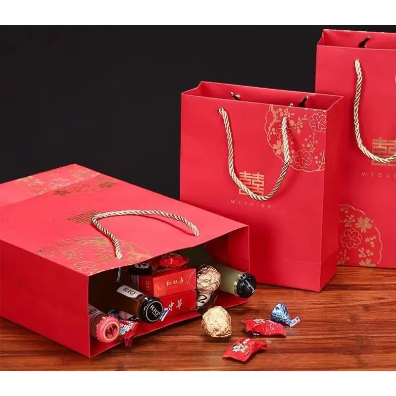 100pcs/lot Chinese Style Red Double Happiness Paper Gift Bags for Wedding Packaging Bag with Handle Party Favors