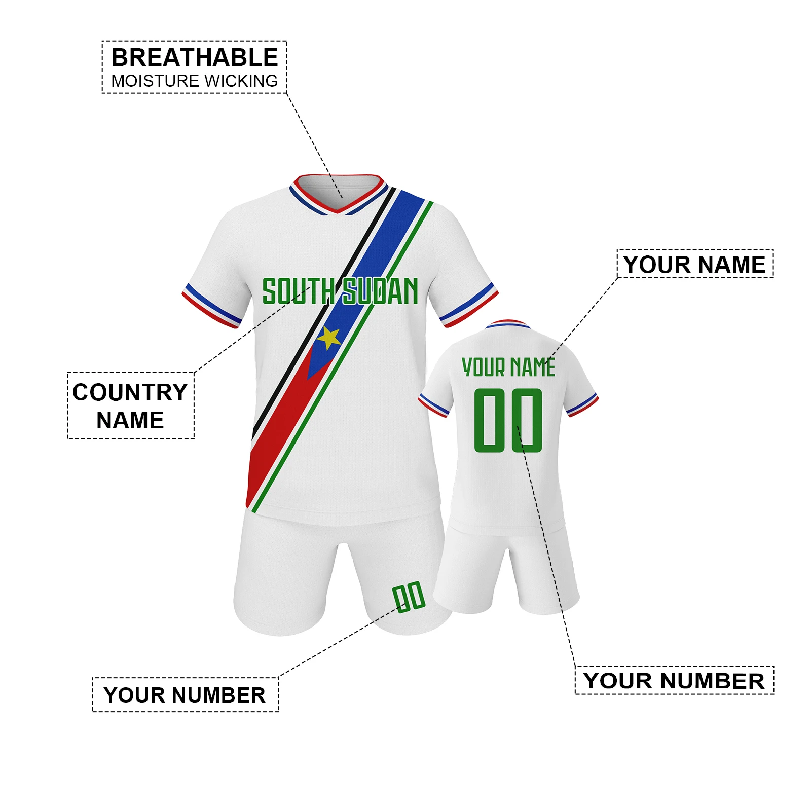 

South Sudan Custom Kids Soccer Jersey Football Kit Breathable Soccer Jersey with Name Number Youth Team Uniform Soccer Fans Gift