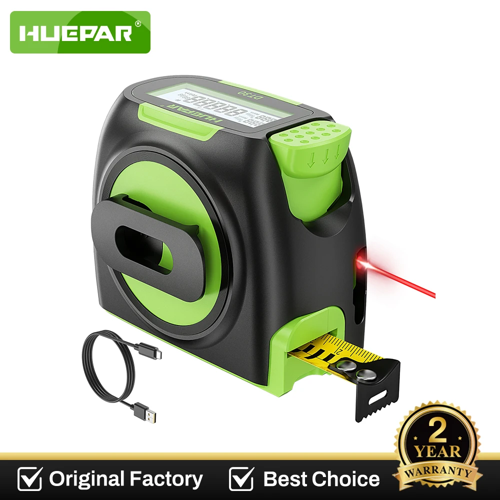 

Huepar Digital 60M 197ft Laser Measuring 2-in-1 Tape Measurement with LCD Display Inch / Cm Scalable Distance Meter Rangefinder