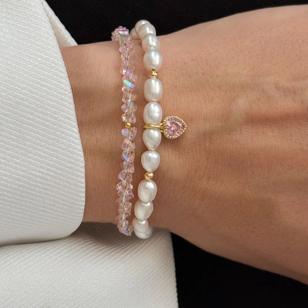 Fashion Bracelets For Women New Triangular Crystal Imitation Pearl Chain Sexy Zircon Heart Pendant Jewelry Valentine's Gift B077