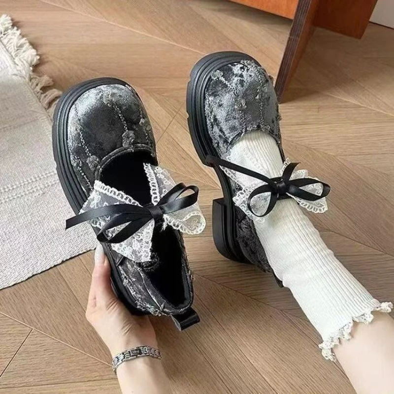 2026 Women's Platform Mary Jane Shoes Chunky Heel Spring Summer Vintage Bow with Floral Embroidery for Dress