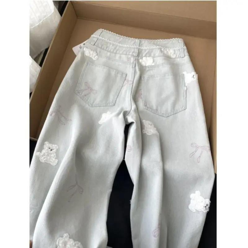 Urso bordado design cintura alta perna larga jeans verão solto ajuste calças compridas femininas coreano sle commute ket detalhe