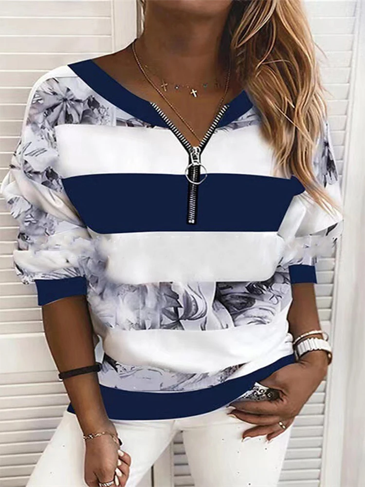 V-Neck Long Sleeve Pullover Women\'s Printed Striped Spring Autumn T-Shirt Daily Casual Loose Top Clothes