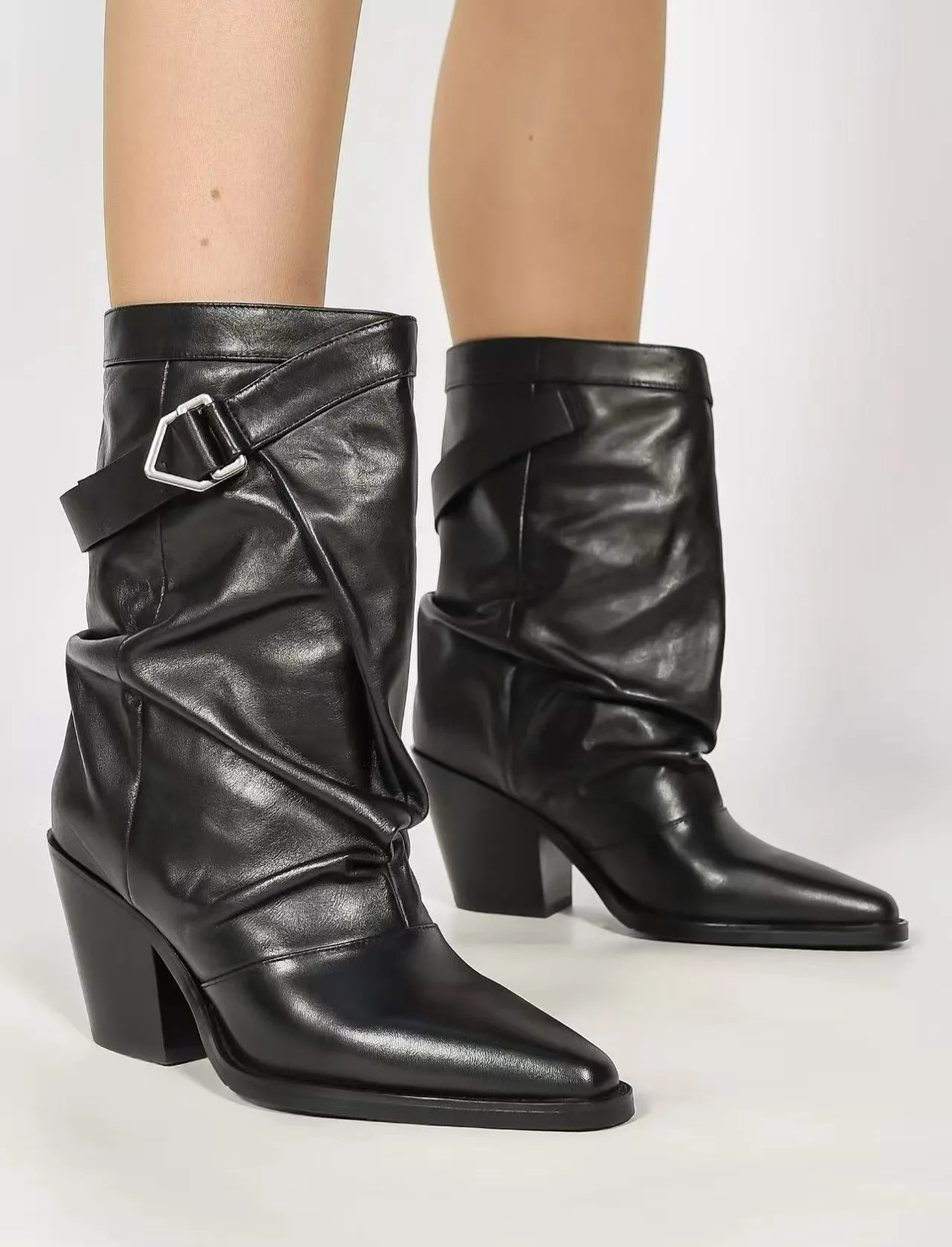 New Autumn/Winter Women Black Ankle Boots Buckle Strap Block Heel Pointed Toe Pleated Slouch Western Elegant Street Short Boots