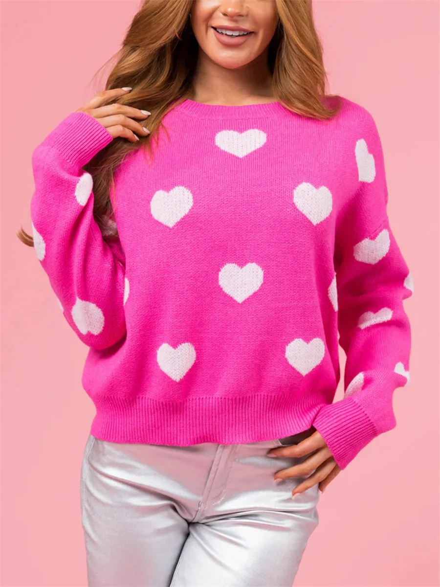 Suéter acogedor con estampado de corazones para mujer con cuello redondo y mangas largas de ajuste relajado: elegante jersey de punto para estilo callejero informal