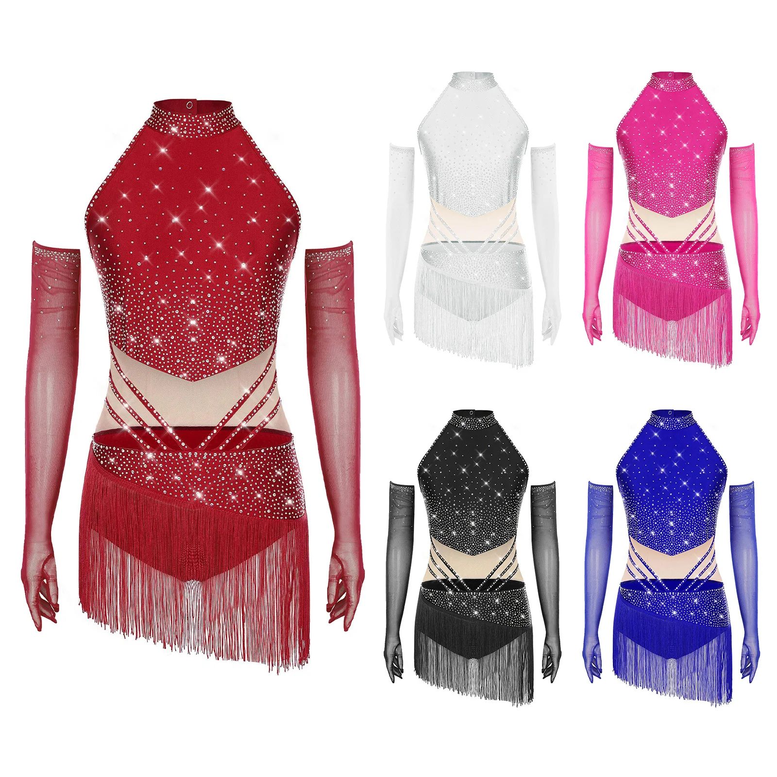 

Womens Latin Figure Skating Dance Outfit Sleeveless Tassel Skirted Bodysuit Mesh Gloves Set for Stage Performance Competition