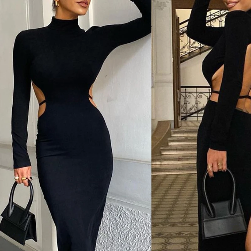 Seksowna, wycięta sukienka bodycon damska na wieczór, długa, z rękawami, jesienna, modna dla młodych kobiet.