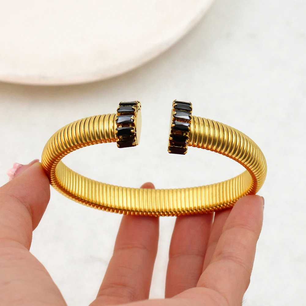 USENSET 10mm Luxury Colorful AAA CZ Inlaid Stainless Steel Cuff Bangle Statement Textured Spiral Arm Bracelet for Men Women