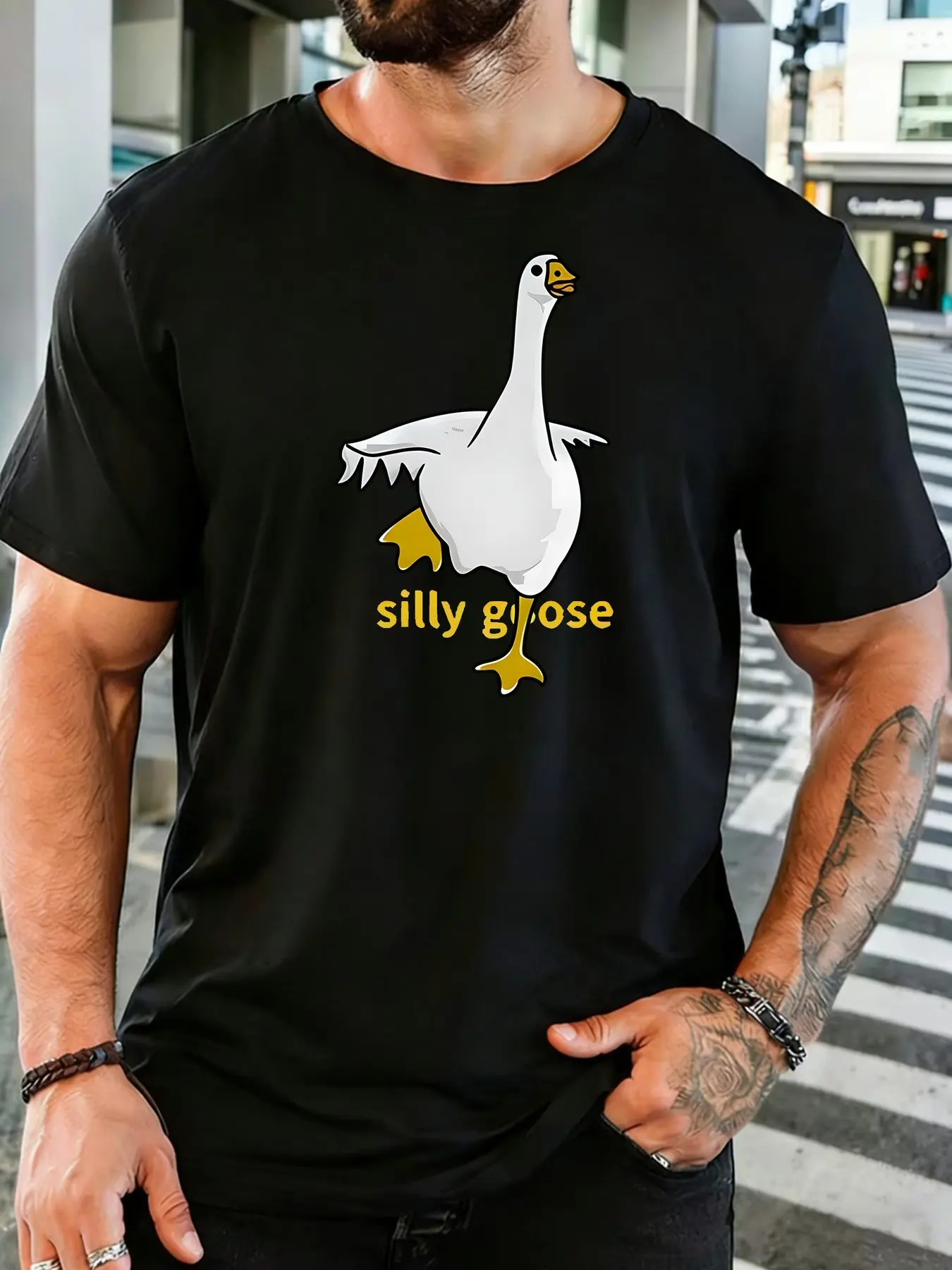 Cartoon Standing Goose Silhouette Slogan Print Mens Breathable Cotton Round Neck Short Sleeve Humor Casual Daily Street Top
