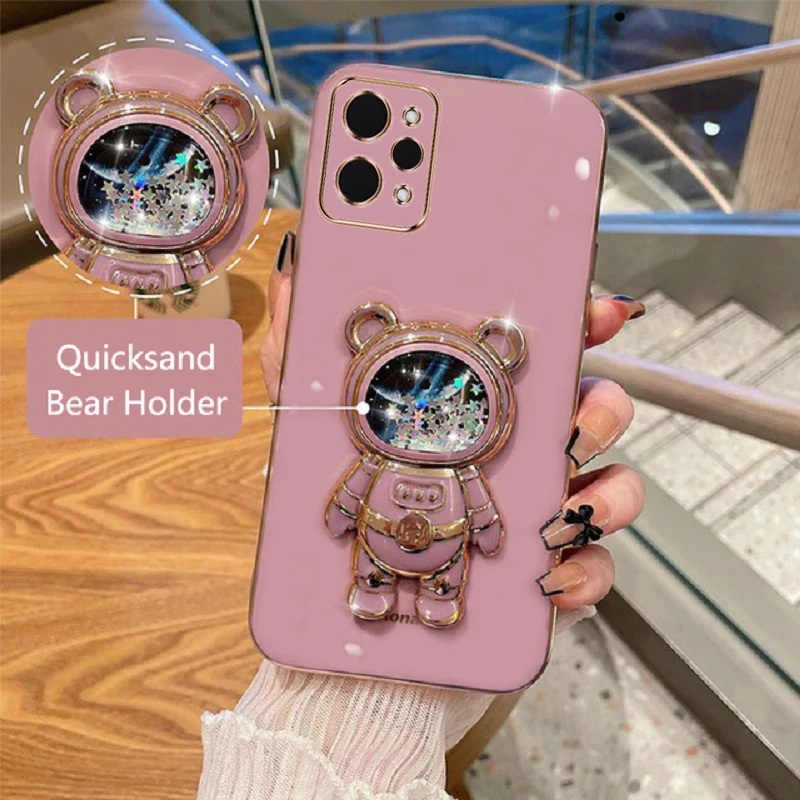 Cartoon Bear Fold Stand For Xiaomi Redmi 12 4G Phone Case Luxury Plating Cover