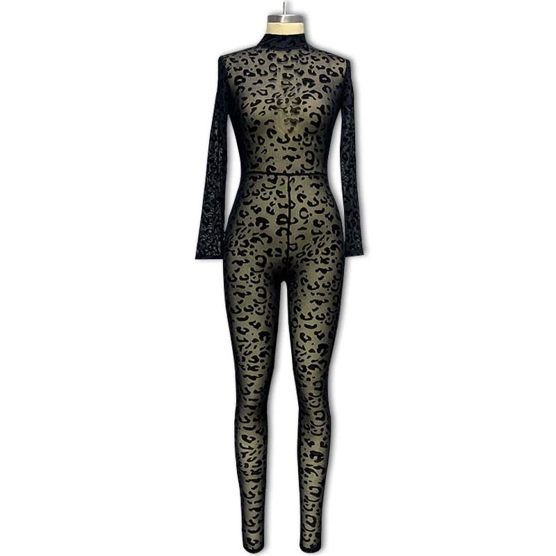 Frühling und Herbst Neuer Sexy Halbrollkragen Leopardenmuster Damen Langarm-Jumpsuit Mode Figurbetont Transparenter Jumpsuit