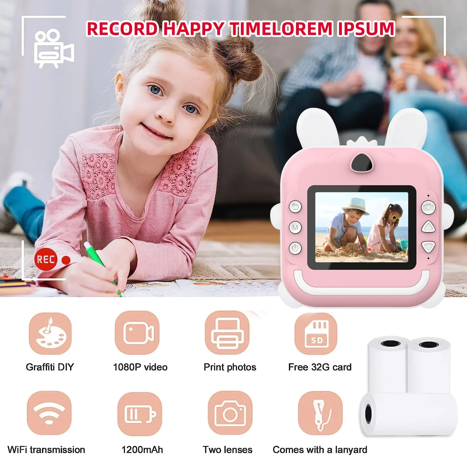 HD-Mini-Digitalvideokamera für Kinder, 2,4-Zoll-Sofortbildkamera für Kinder mit Thermodruck, Lernspielzeug, Geschenk