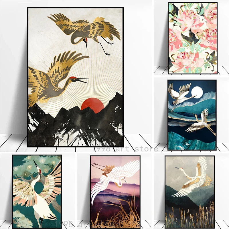 

Chinese Style Golden Crane Beautiful Bird Animal Print Art Canvas Poster for Living Room Decoration Home Wall Decor Picture