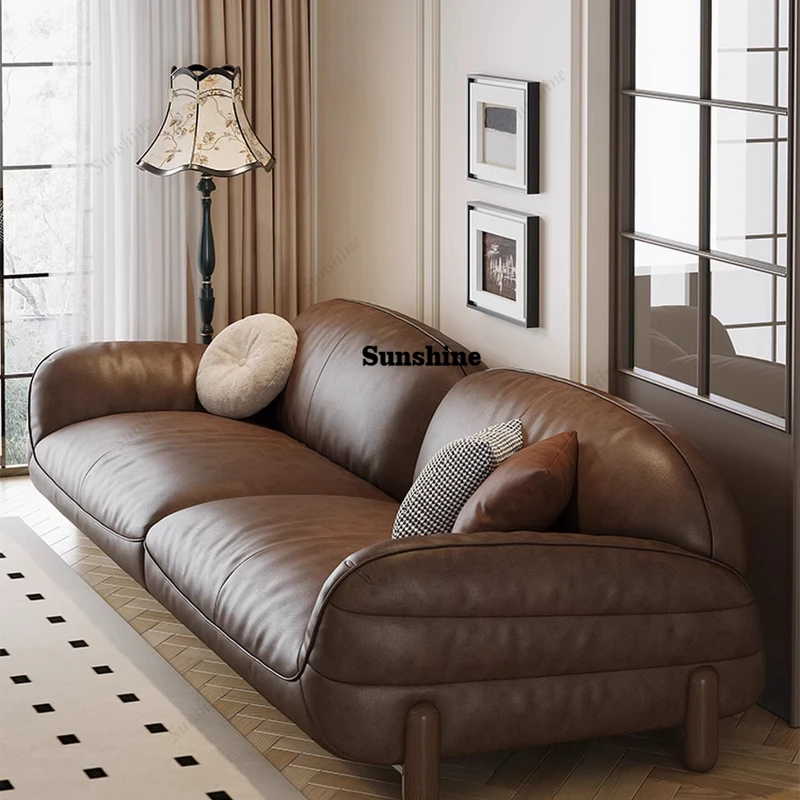 Italian minimalist leather sofa first layer cowhide living room household small apartment straight row one-character high feet
