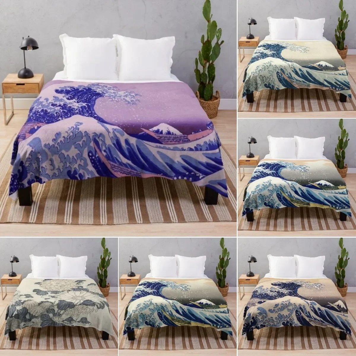 Japanese Style Wave Flannel Throw Blanket Super Soft Lightweight Warm Fleece Blanket King Queen Full Size for Bed Sofa Couch