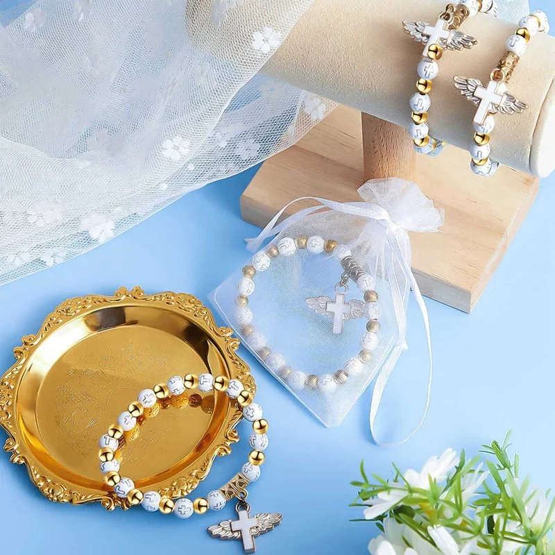 4X Angel Wing Cross Bracelet Favor With Organza Bags Acrylic Baptism Favor For Boy And Girl Communion Birthday Wedding