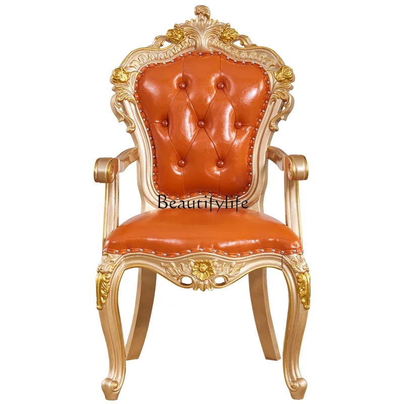 European dining chair guest American hall solid wood double-sided carved first layer leather household armrest back chair