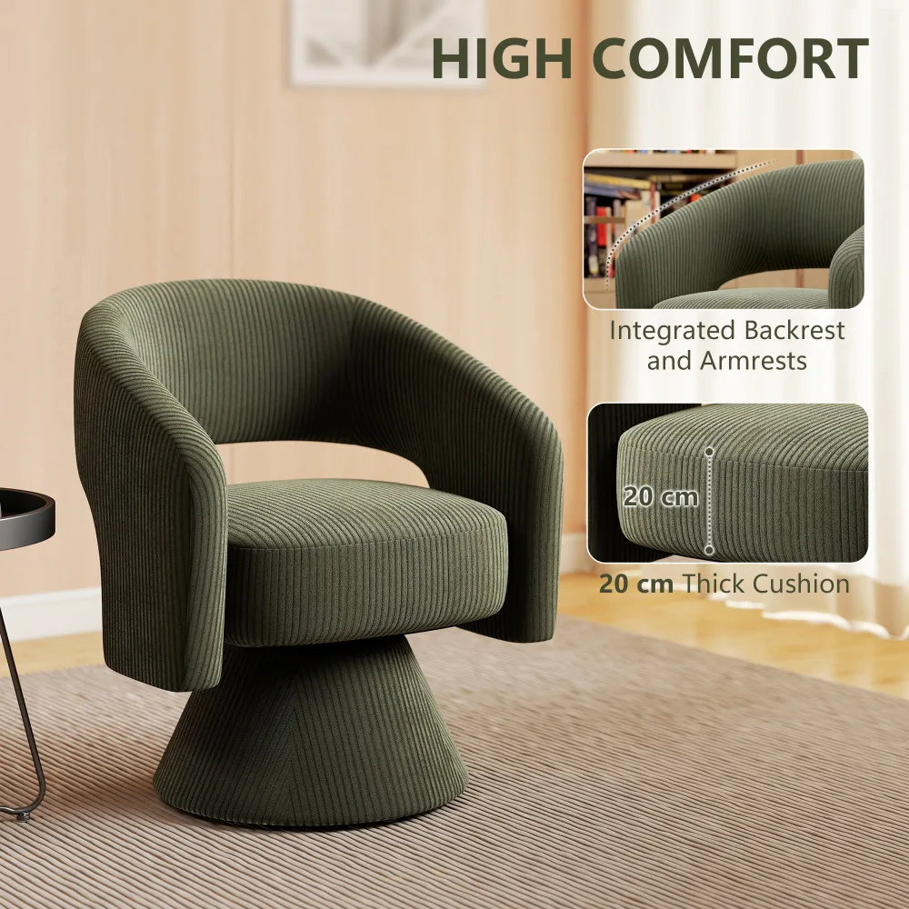 Green Corduroy Swivel Barrel Accent Chair, 360° Rotate Ergonomic Armchair with 7.9